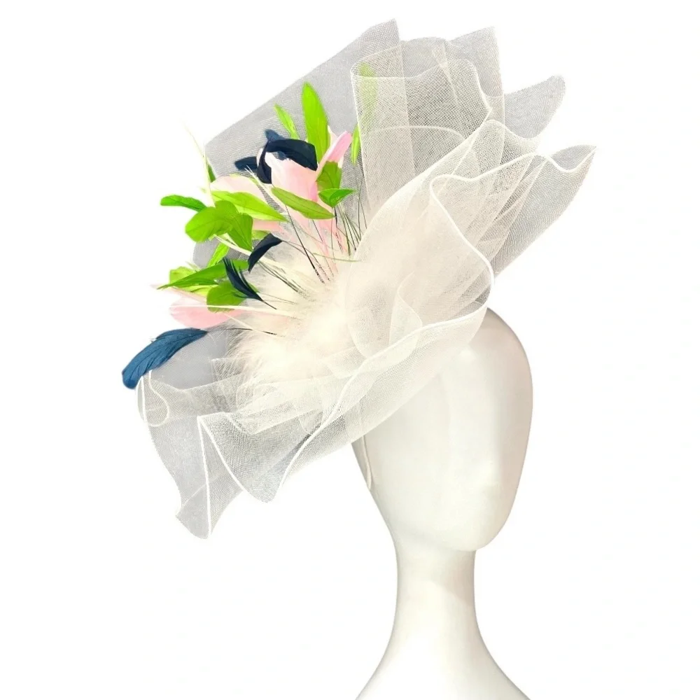 Elegant White Fascinator with Pink and Blue Accents